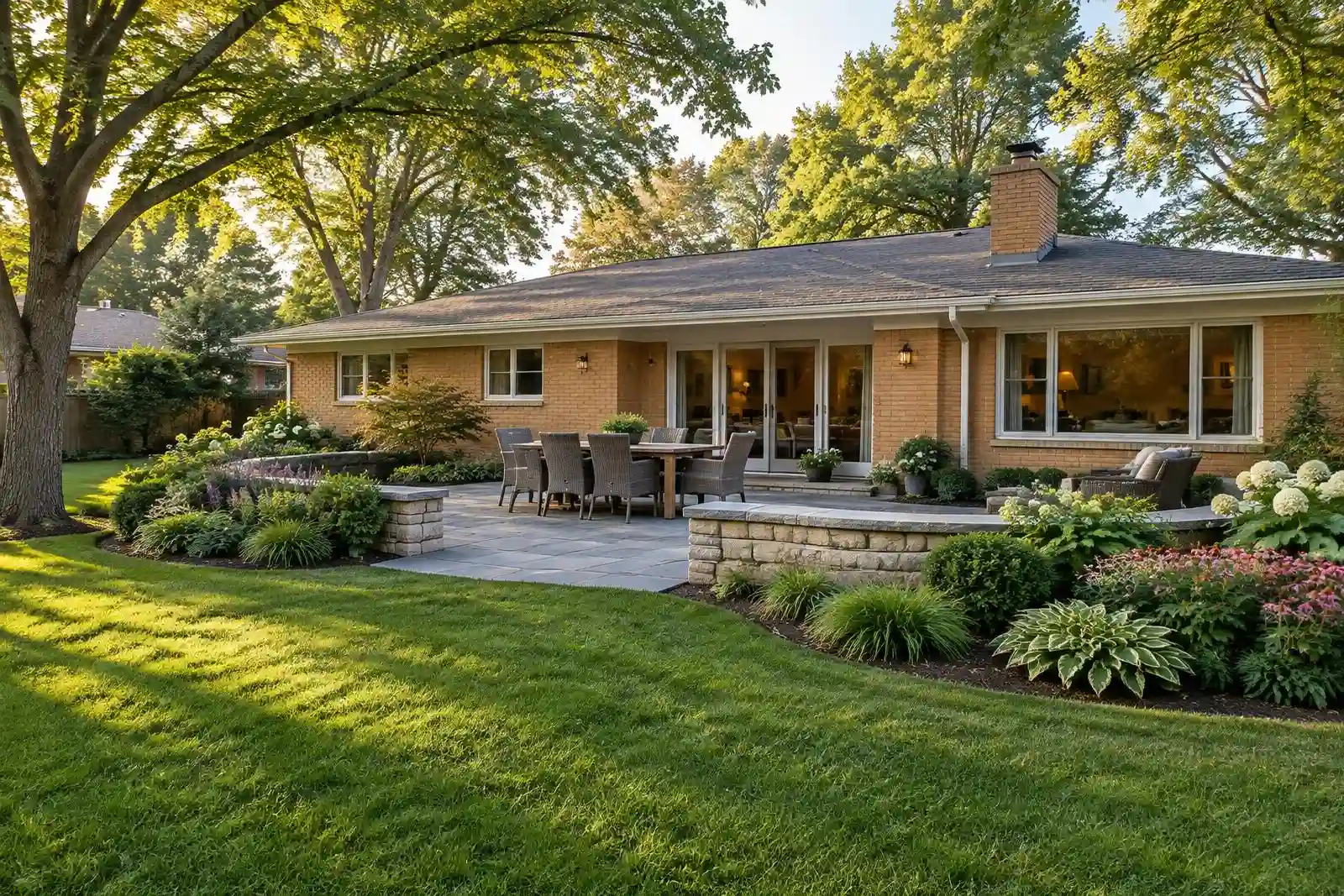 Landscape design with a stone patio and planting beds behind a brick ranch home in Northbrook, IL