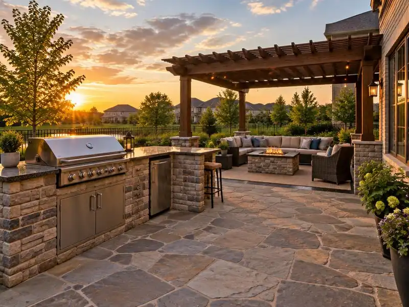 Outdoor kitchen and covered seating area on a stone patio in Northbrook, IL