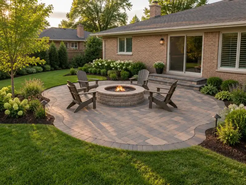 Paver patio with a fire pit behind a brick home in Northbrook, IL